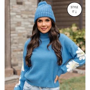 NOTHING'S CHANGED BLUE FLOWER SLEEVE TURTLENECK SWEATER